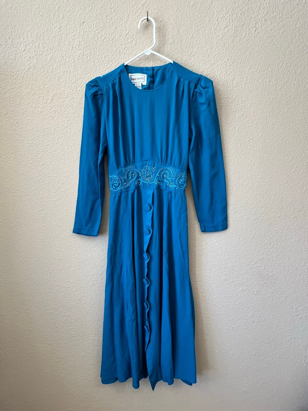 Vintage 80s Karin Stevens teal blue long sleeve dress size 6